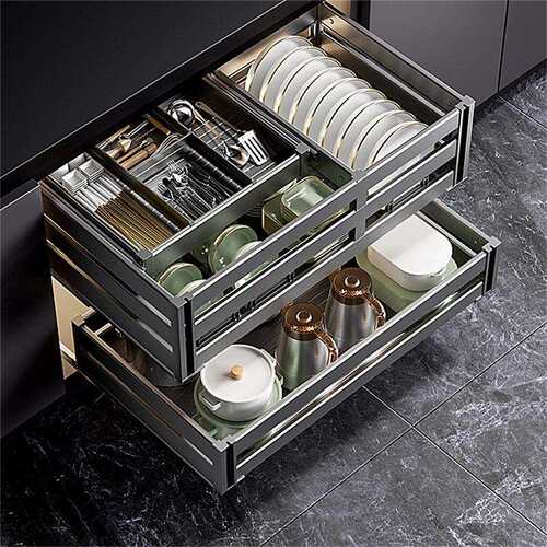 厨房橱柜拉篮双层抽屉式碗架碗碟拉蓝 Kitchen Pull Out Rack