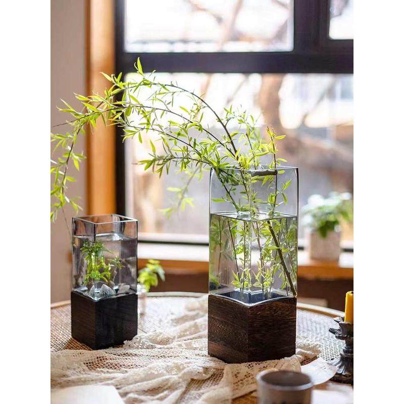 涵花瓶透明方口木托花插花玻璃批发装饰 器客厅摆件餐桌掬,家居饰品,花瓶,淘宝优惠券,粉丝福利购,淘宝优惠卷