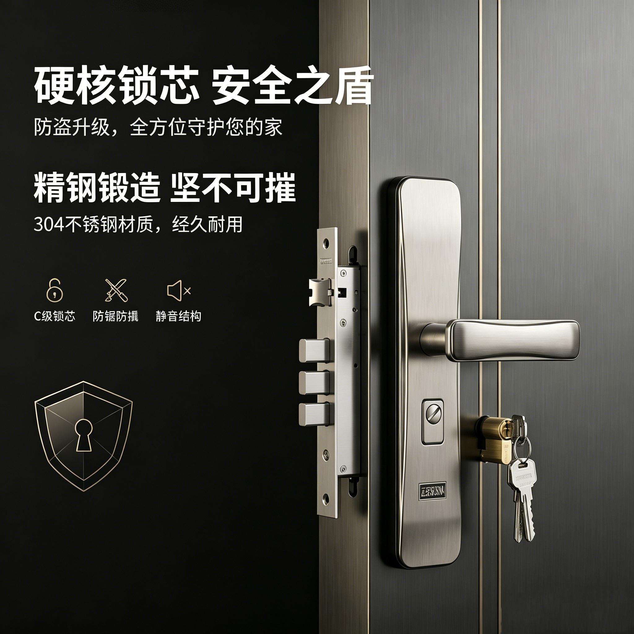 防盗门锁套装家户用通用入型304不大锈钢锁体门锁木门锁机械门锁图片