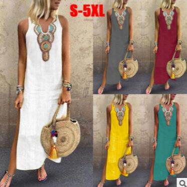 Cotton and linen sleeveless deep neck side slit dress
