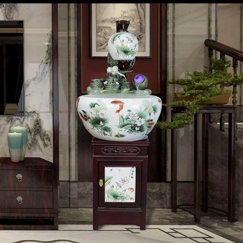 高档陶瓷鱼缸式金鱼缸落地盆鱼家缸用玄关客厅景德镇养鱼办柜公室