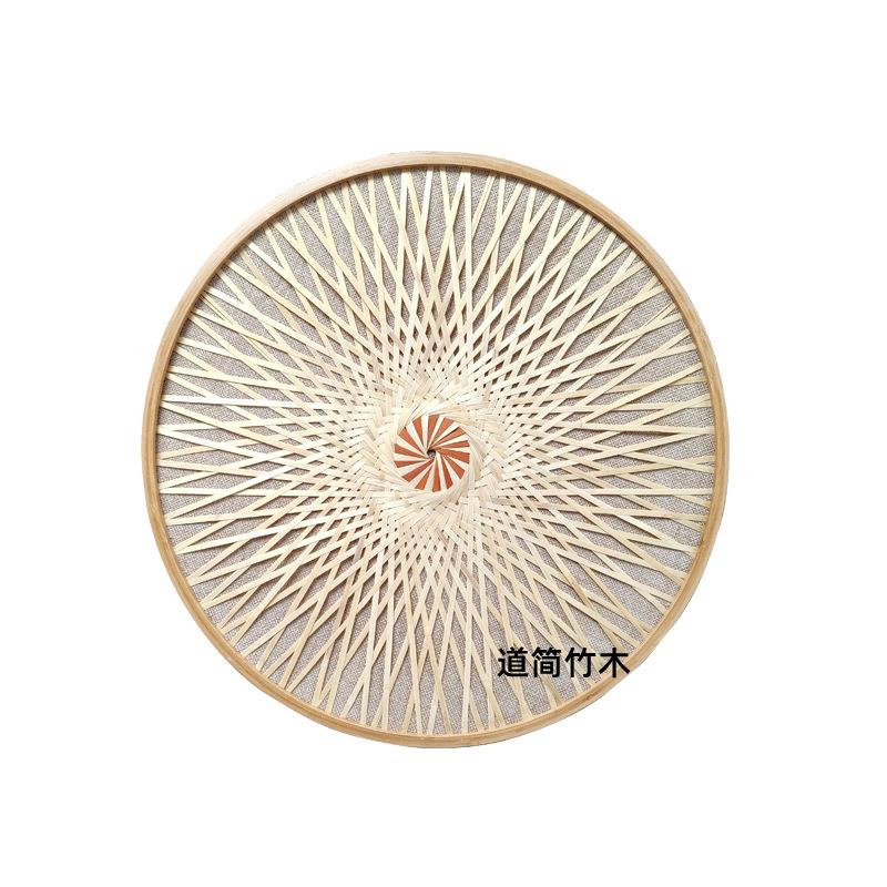 北欧风纯手工实物装饰画复古茶楼背景墙圆形竹编画框民宿餐厅挂画