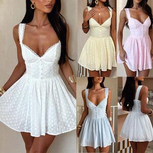 Women's Summer Mini Dress Stylish Solid Lace Trim Flower