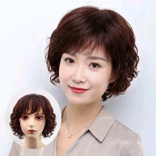 上海民国风妈妈假发女短发许昌厂家批发蓬松卷发中老年真发全头套