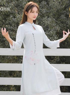高档优佳女士中瑜伽服装春夏国棉麻白色瑜伽太极冥想风冥想服装门