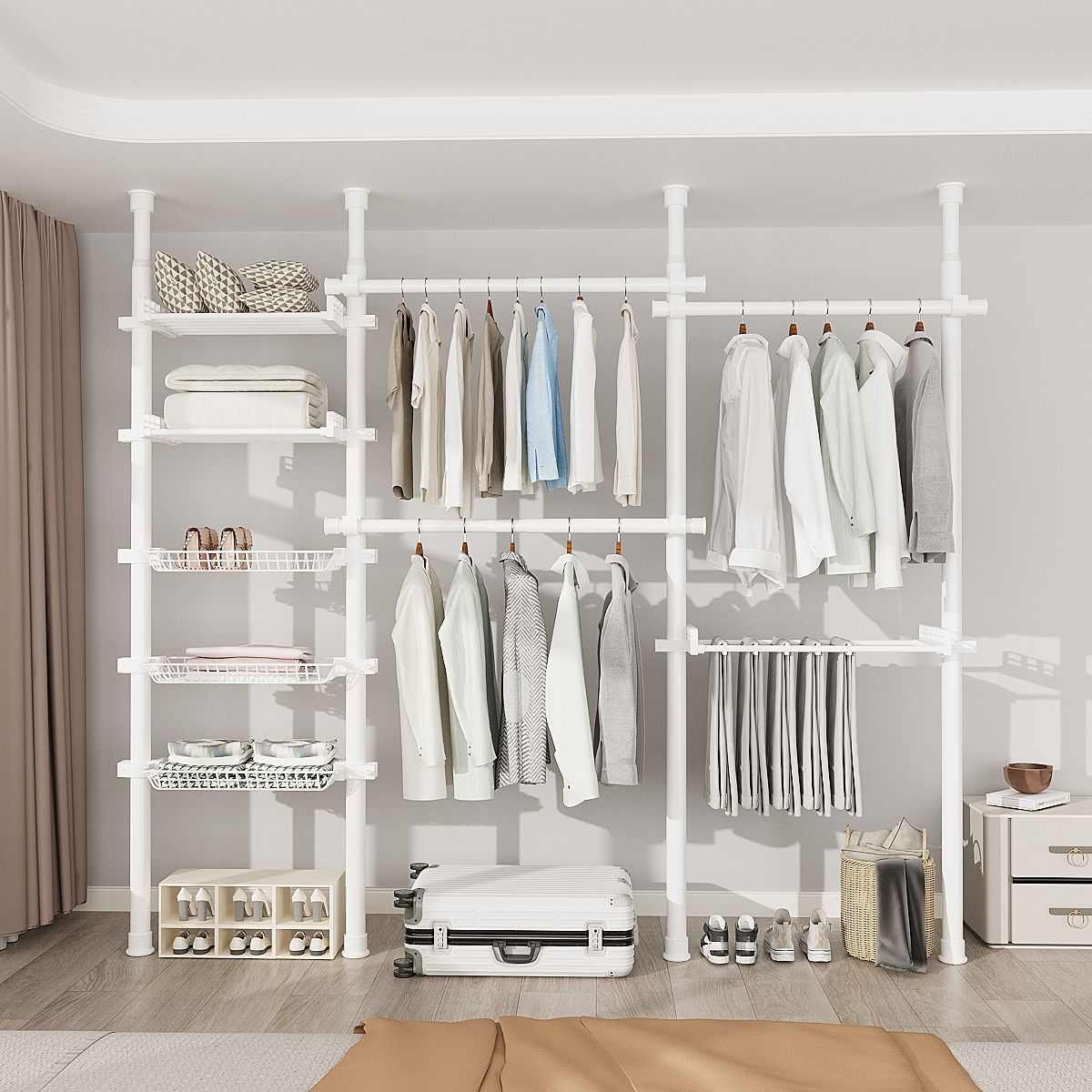 顶天立地置物架置衣架免打孔挂衣架晾衣架组装金属架子衣柜衣帽间