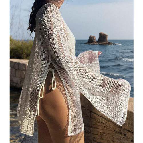Women ' s Plain Sheer Cover Up Dress , Casual Long Sleeve