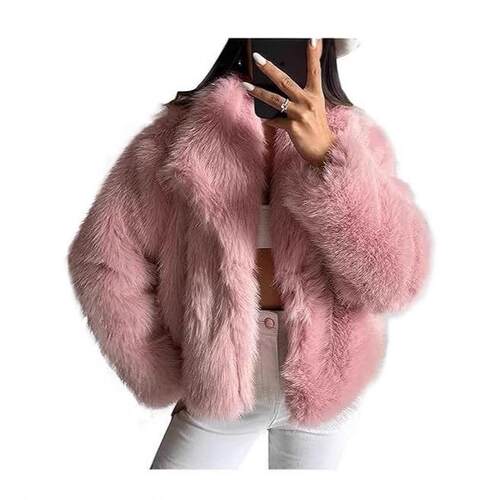 Women's Brown Faux Fur Coat Winter Fluffy Short Jacket Warm