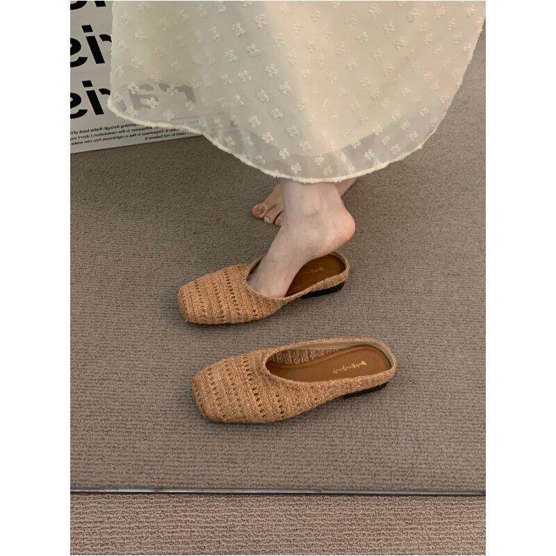 秋季平底包头半拖鞋女鞋子复古夏晚晚风配裙子编织后空一脚0925k图片