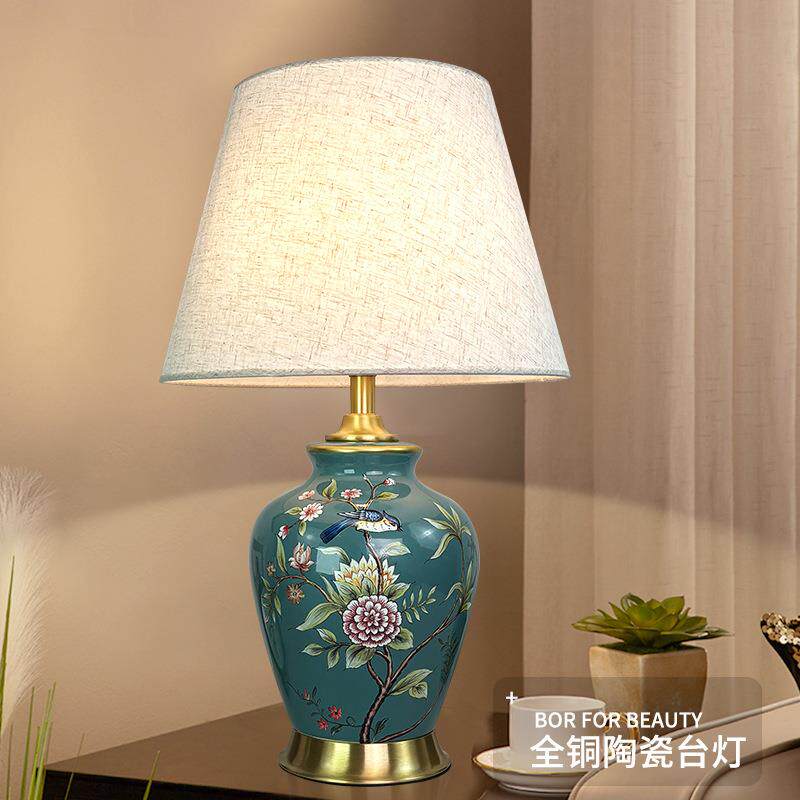 美式乡村陶瓷台灯欧式花鸟客厅卧室书房酒店别墅美式复古全铜大号