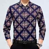 衬时尚 印季 花薄款 春秋新男品28 大花休闲中年装 长袖 衫 花衬衣 T男士