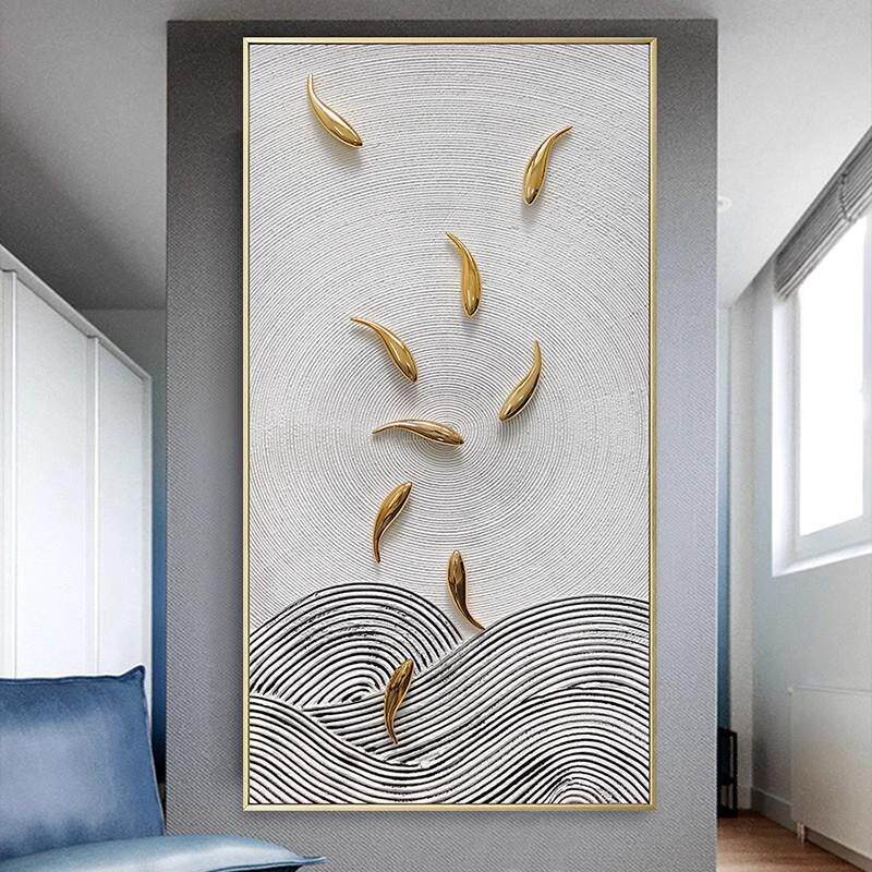 手绘油画轻奢风玄关装饰画竖版走廊壁画大幅九鱼图客厅装饰画挂画