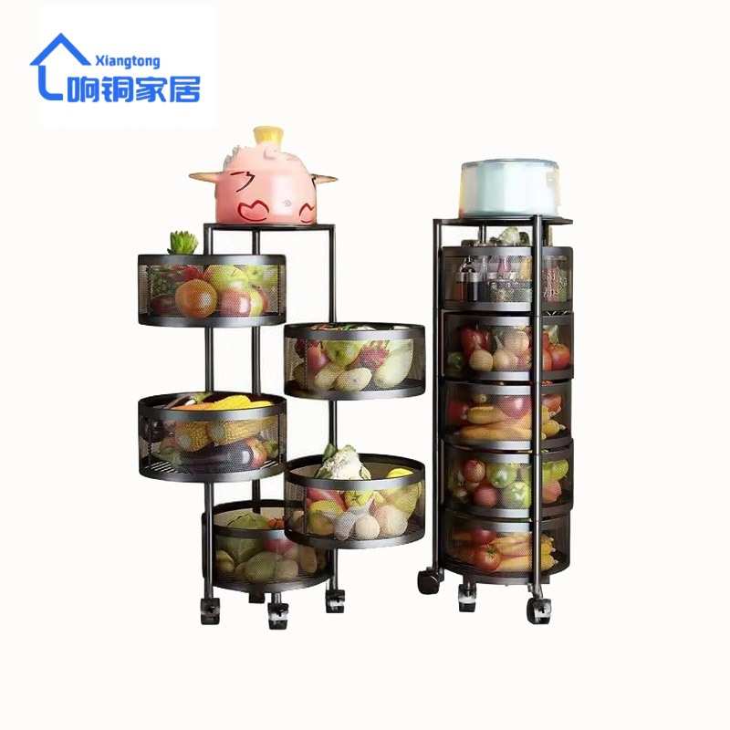 圆形可旋转厨房置物架批发家用落地多层蔬菜水果收纳架带轮小推车