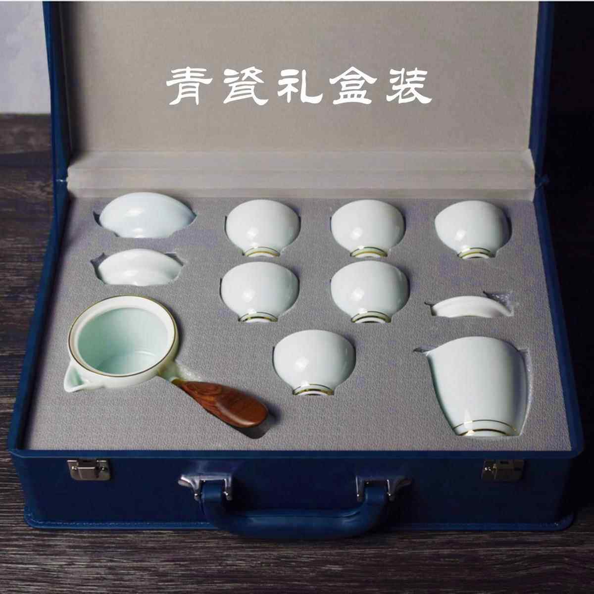 高档淄博山陶瓷鲁青瓷下泡茶壶装套家用釉彩中功夫茶具精致秋送礼