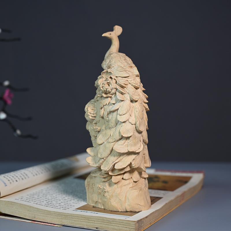 小叶黄杨木雕刻孔雀桌面摆件客厅装饰品摆饰实木雕刻木质工艺品