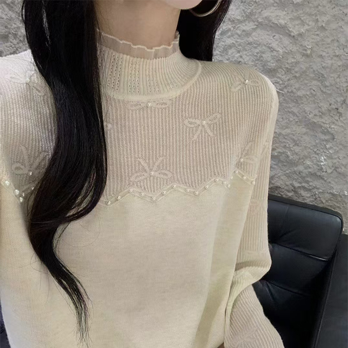 长袖蕾丝打底衫女秋冬季2024年新款洋气高级感半高领钉珠内搭毛衣