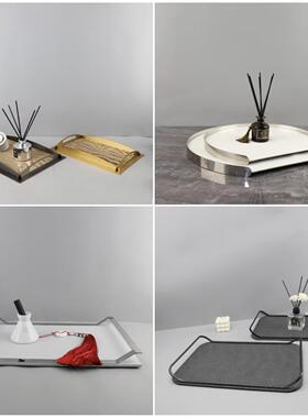 现代简约客厅电视柜茶几玄关样板间酒店高档金属皮革装饰收纳托盘