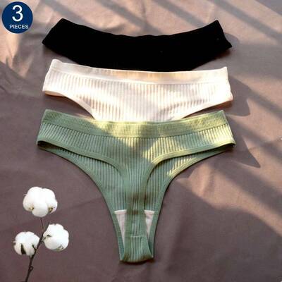 3 Pcs Seamless Ladies Ribbed Cotton Thong Simple Women