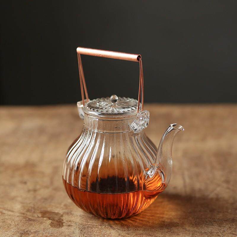 围炉煮茶菊瓣纹耐热玻璃茶壶电陶炉煮茶器泡茶壶铜把提梁壶花茶壶