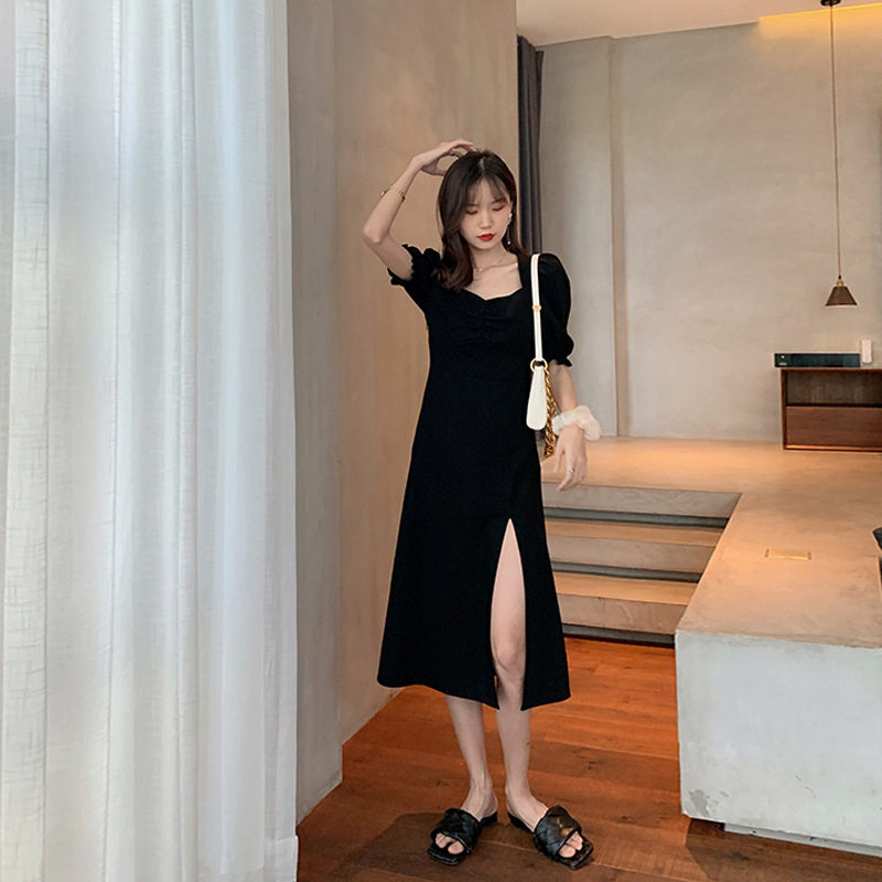 法式开叉黑色连衣裙女2024夏季新款收腰显瘦气质赫本风泡泡袖裙gw