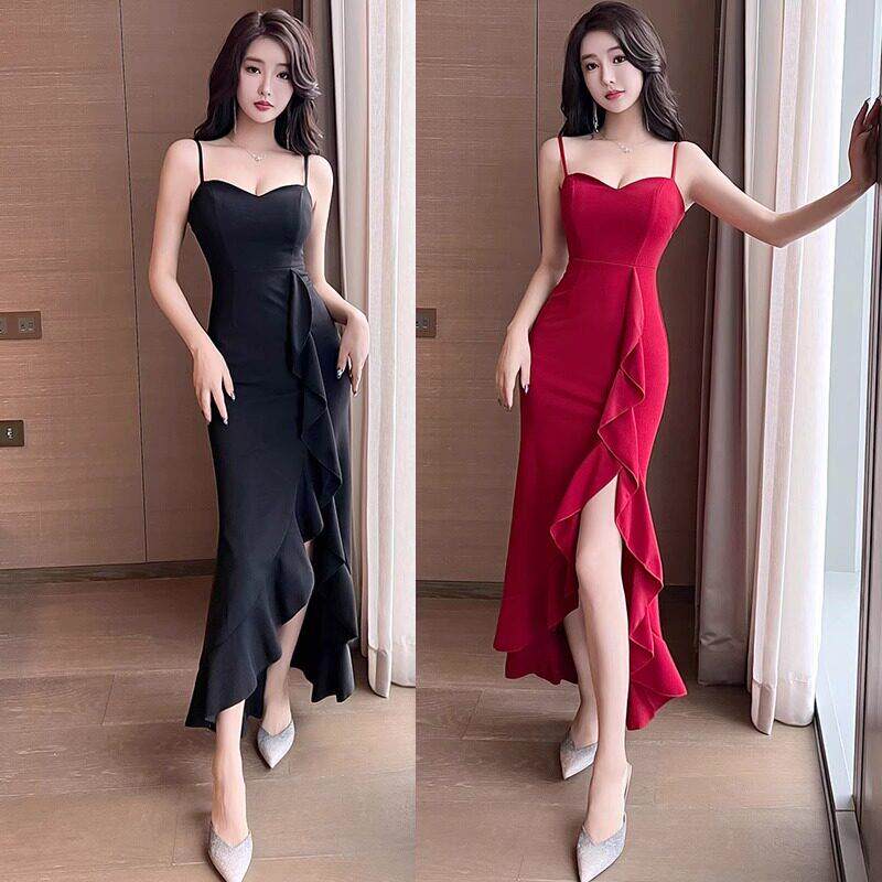 吊带低胸开叉晚礼服小姐性感连衣裙洗浴按摩桑拿技师工作服女