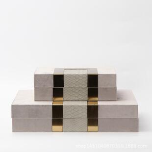 现代北欧简约售楼处样板房书房收纳五金皮质首饰盒储物箱软装 饰品