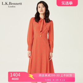 lkbennett橘红色真丝连衣裙女春长袖蝴蝶结法式波点长裙桑蚕丝