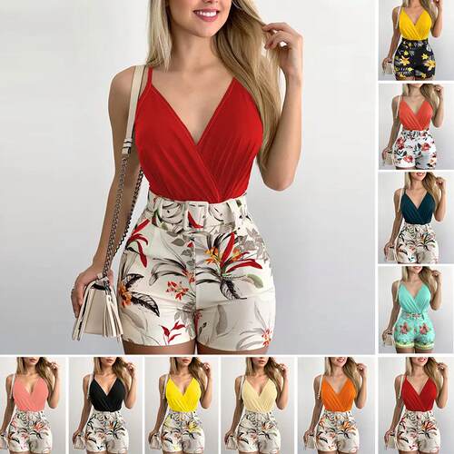 Women's collar tank top and printed shorts set with