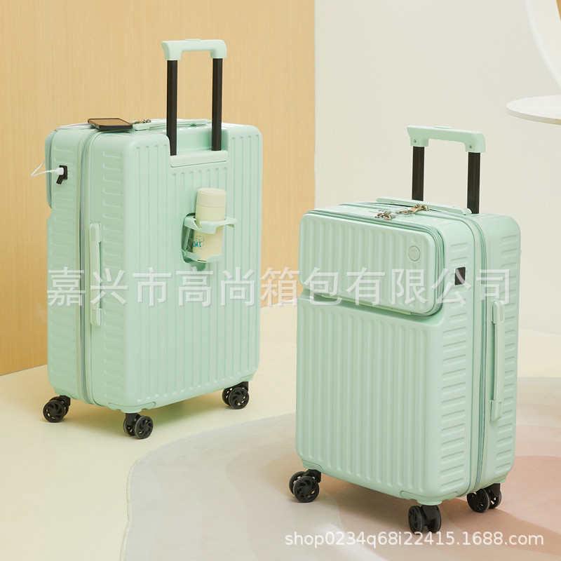 前开口行李箱女20寸可充电旅行箱万向轮拉杆箱带杯架学生皮箱子24