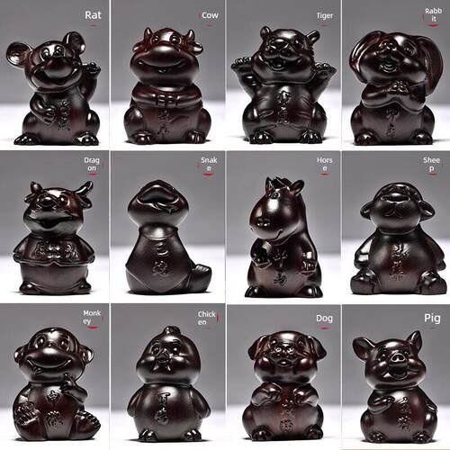 乌木实木十二生肖饰品木雕鼠，牛，虎，兔，龙，蛇，马，羊，猴，