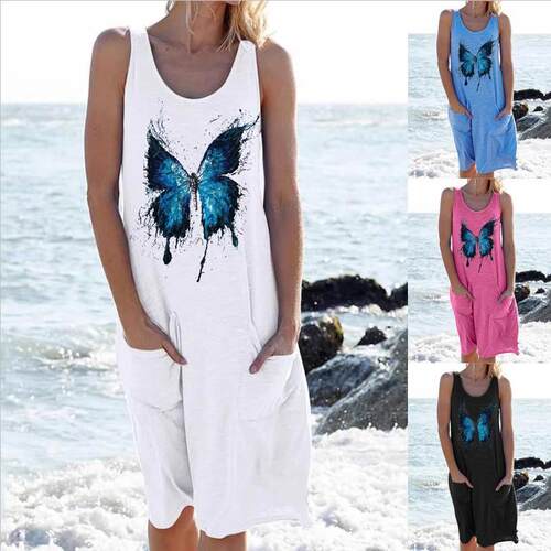 Butterfly print sleeveless vest mid length dress