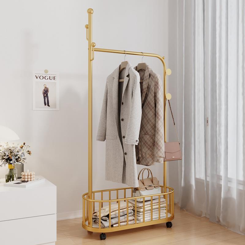 可移动挂衣架落地卧室简易晾衣服架子家用多功能室内带篮子衣帽架
