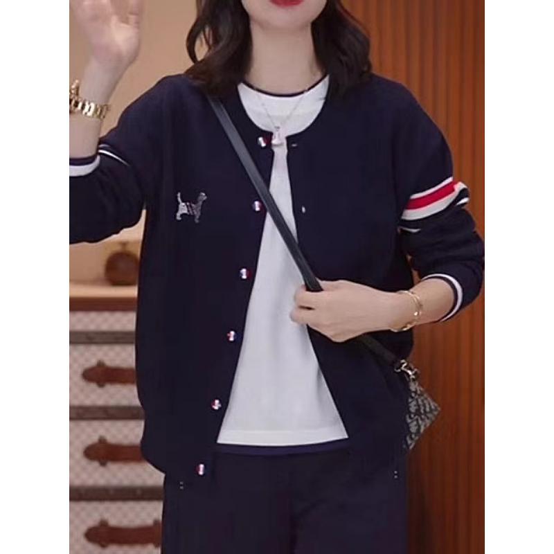 新品欧货时尚拼色条纹毛衣开衫外套女2026秋季大码休闲爆款针织衫
