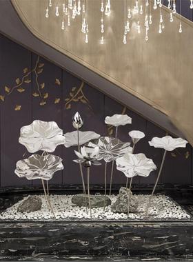 铁艺荷叶落地摆件不锈钢荷花雕塑 户外水池水景摆饰 金属软装饰品