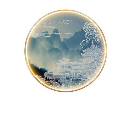 新中式玄关装饰画灯画圆形酒店壁画过道水墨鹤楼背景挂画