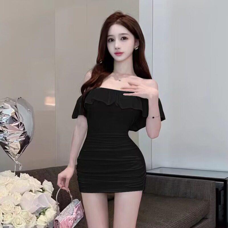 直播衣服性感荷叶边一字领连衣裙女短款露肩气质显瘦辣妹包臀裙子