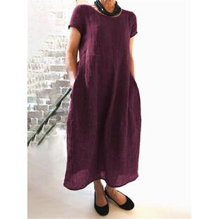 棉麻连衣裙 中国风宽松纯色大码 2019跨境欧美 新款