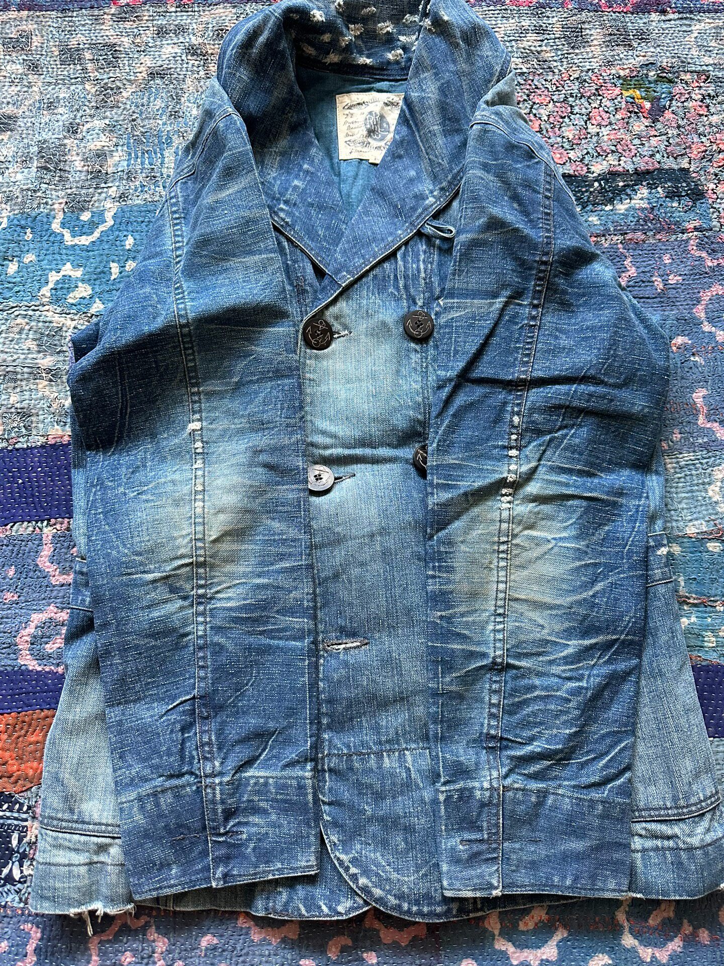 Berluti Distressed Denim Double-Breasted Coat — detail
