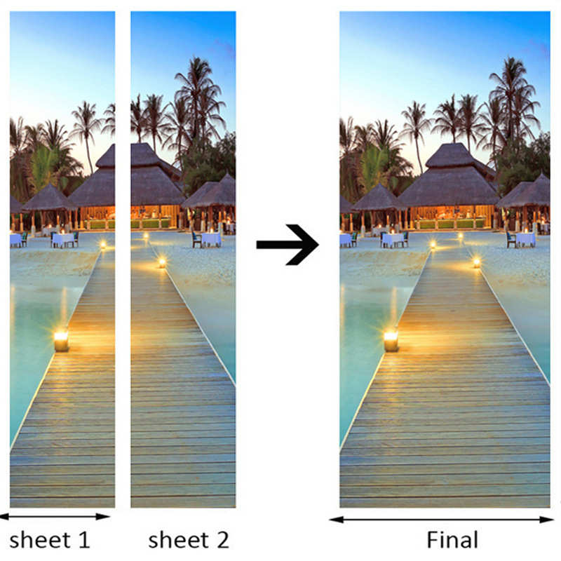 巨创货源PVC贴纸3D自粘门贴 卧室客厅现代装饰 黄昏海滩甲板