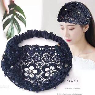 女士遮白发珍珠发带头套挡白发帽子女宽边蕾丝新款镂空头套发饰