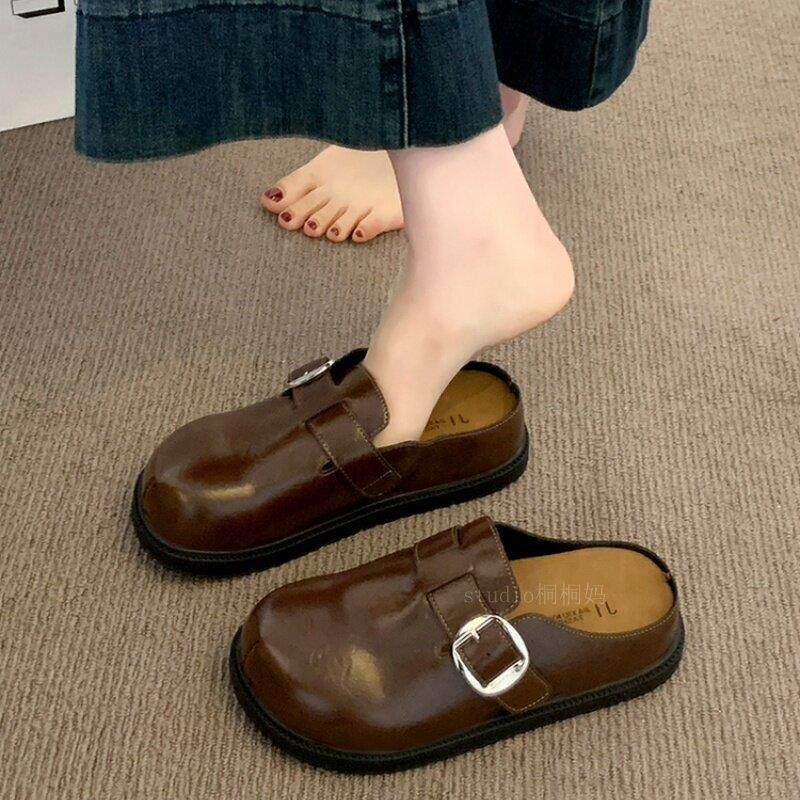 香港真皮厚底勃肯包头半拖鞋女春外穿2026新款一脚蹬软底乐福单鞋