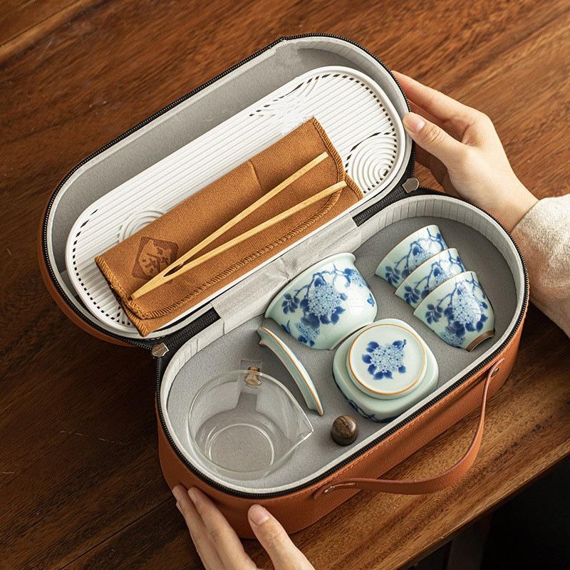 绣球花侧把旅行茶具一壶三杯家用户外办公泡茶便携功夫茶具小套装