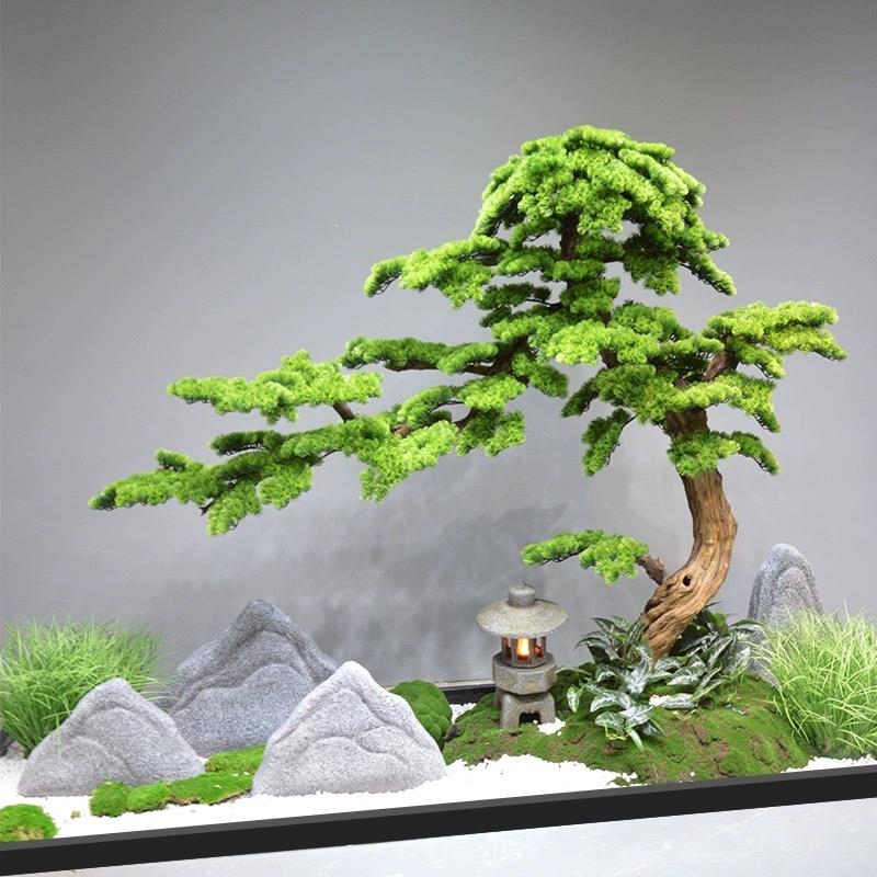 仿真迎客松造景松树新中式大型罗汉松景观搭配楼梯间橱窗绿植装饰