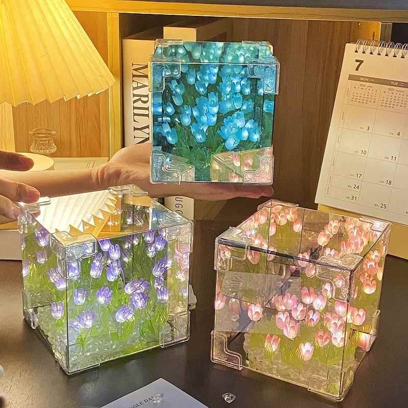 魔方花海郁金香七夕手工diy小夜灯生日女生礼物房间气氛灯摆件高