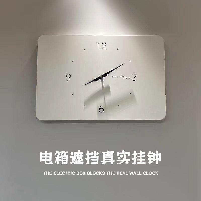 电表箱装饰画 画带钟表客厅简约挂钟电闸配电盒遮挡竖款真时钟免