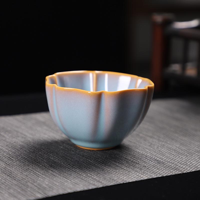 德化陶瓷【单茶杯满100ml亮光】精工汝窑 古韵秋霞 六方杯 中容量