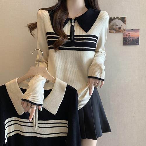 新款洋气秋冬拉炼拼色Polo领针织衫女宽松遮肚子打底毛衣1218h