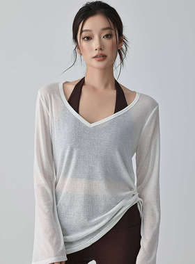 运动恤t新款抽训练提绳领长袖v女秋季瑜伽罩衫宽松普拉健身服上衣