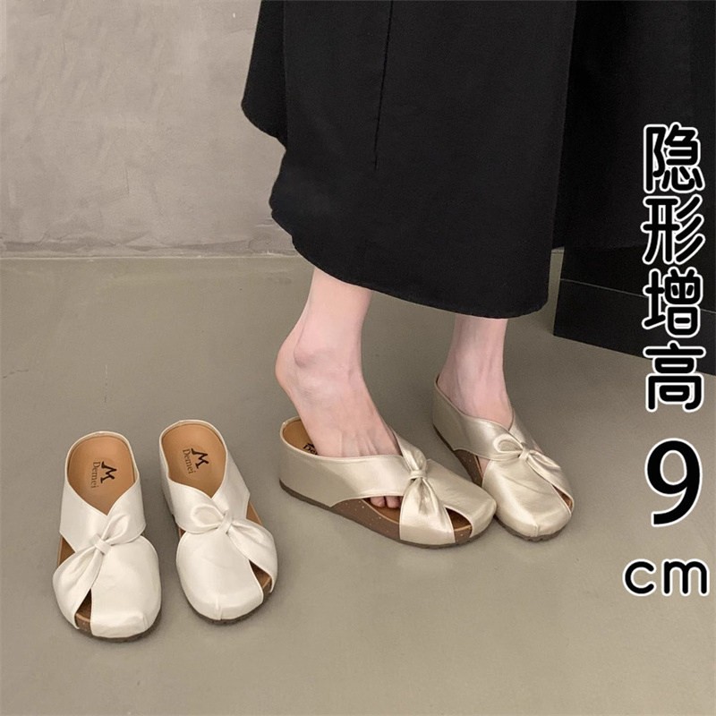 香港真皮厚底勃肯包头半拖鞋女2026新款夏季内增高坡跟百搭凉拖鞋