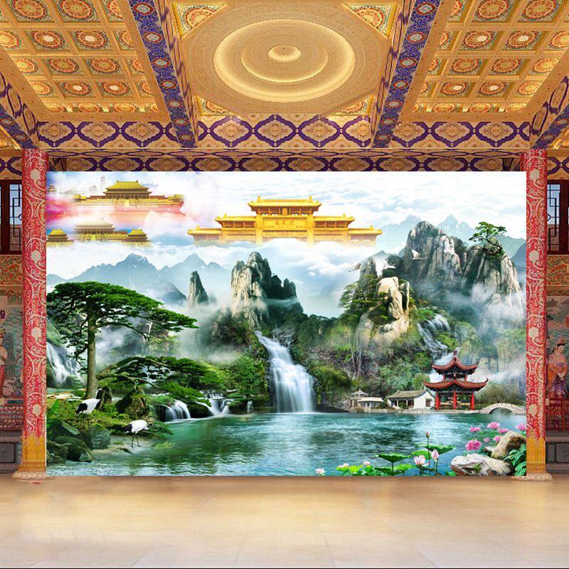 山水流水生财寺庙墙纸南天门天庭祠堂佛堂壁纸天宫背景图祥云壁画